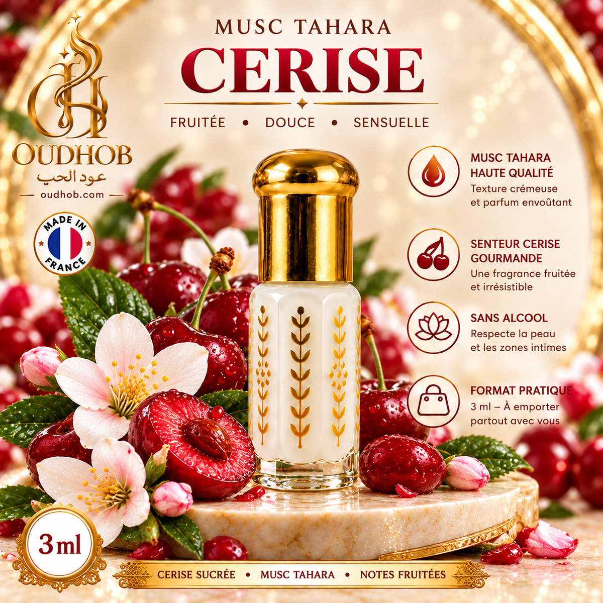 Musc Tahara Kirsebær – Intimmusk Uden Alkohol 3 ml – Fremstillet i Frankrig – OudHob | عود الحب