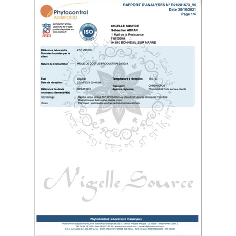 Huile de costus indien d’Égypte 100ml Usage Alimentaire - Nigelle Source