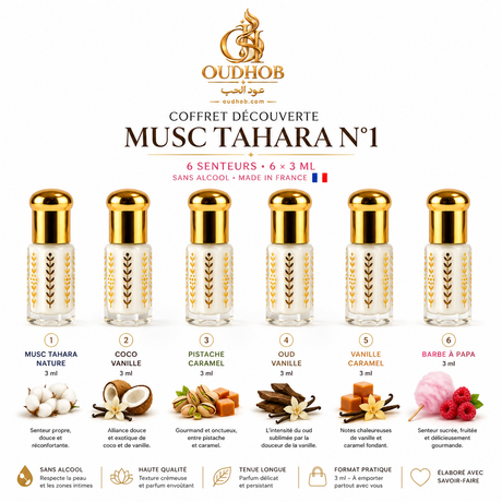 Coffret Découverte Musc Tahara N°1 – 6 Senteurs × 3 ml – Sans Alcool – OudHob | عود الحب
