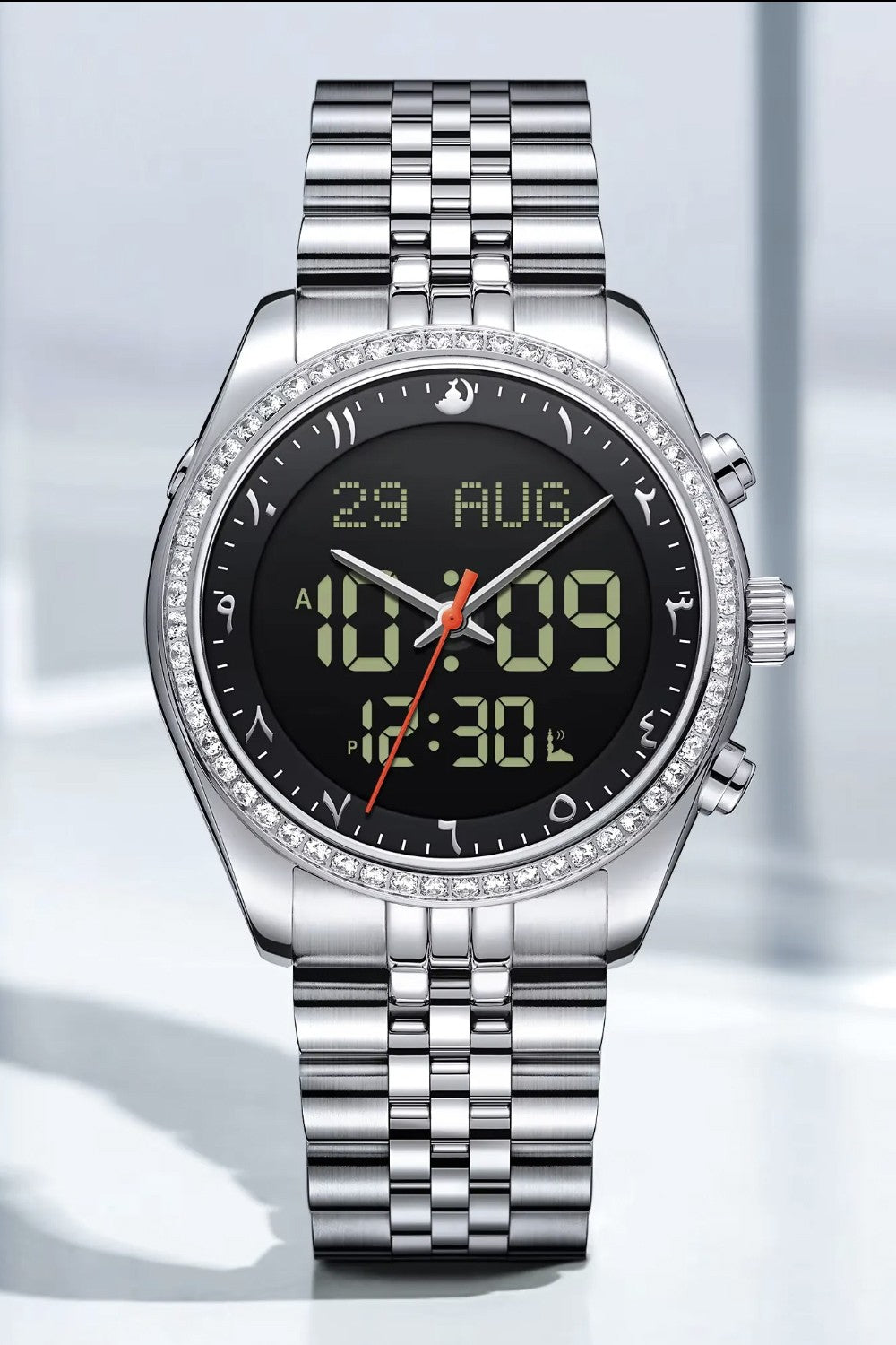 Montre de luxe originale Saphir AL-HARAMEEN HA-6109 Montre horaires Azan numérique étanche, Montre poignet en acier inoxydable
