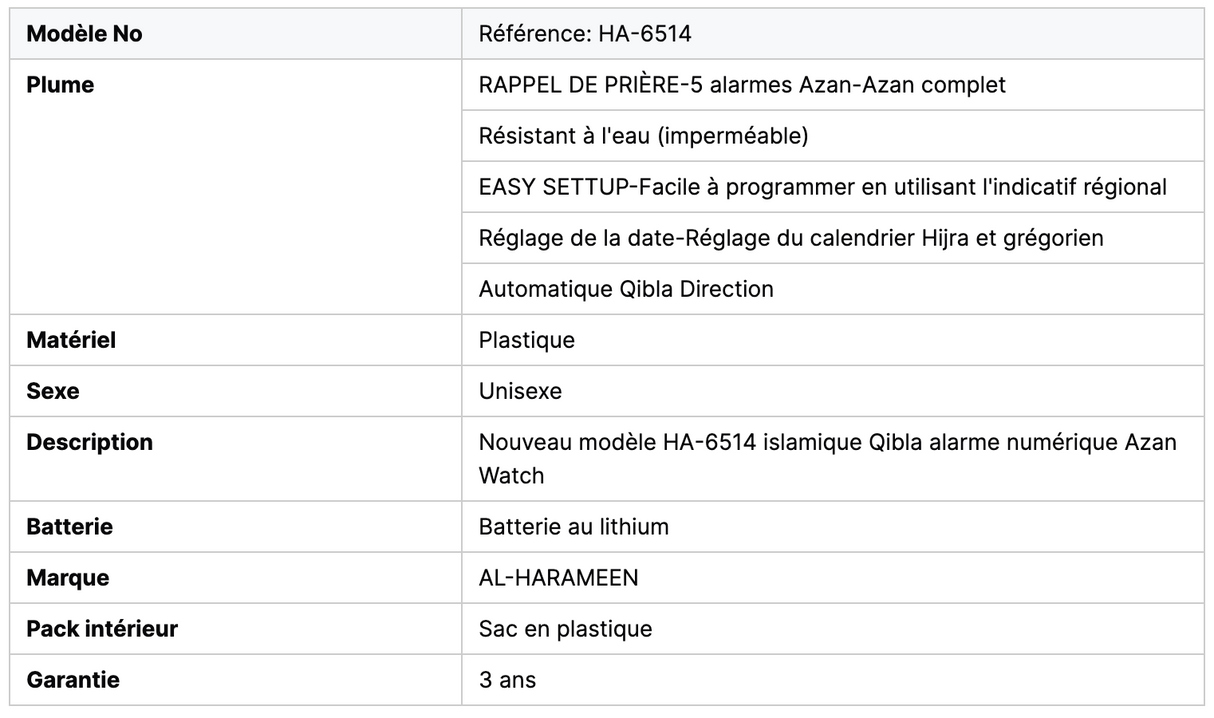 Montre de sport Al Harameen HA-6514, Montre horaires Azan étanche Montre Heures de prière dans le monde entier
