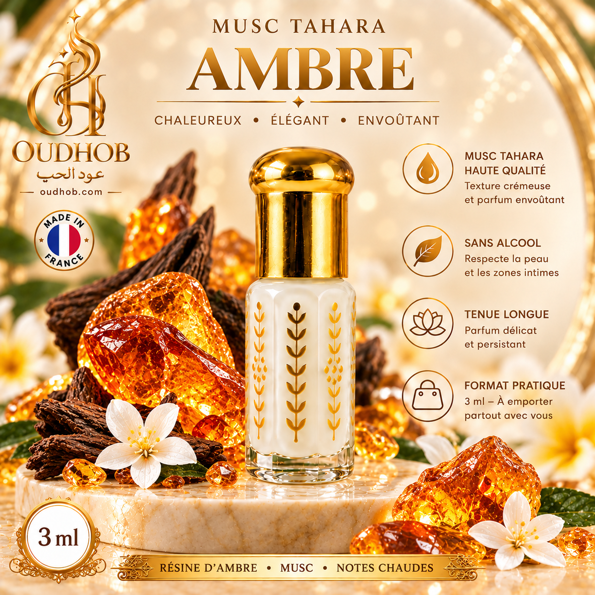 Musc Tahara Amber – Intieme Musk Alcoholvrij 3 ml – Gemaakt in Frankrijk – OudHob | عود الحب