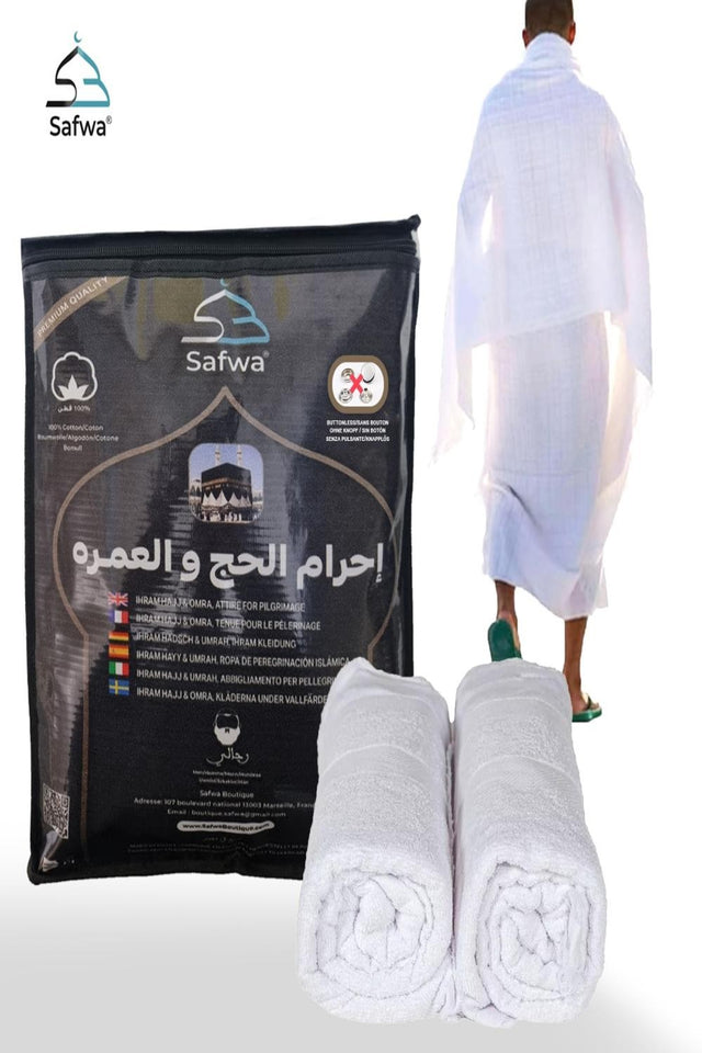 IHRAM pour Hajj et Omra 100 % Coton Égyptien – Sans Bouton – SAFWA