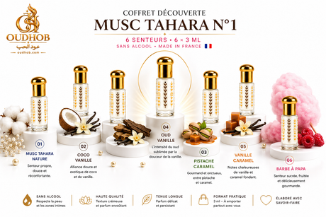 Coffret Découverte Musc Tahara N°1 – 6 Senteurs × 3 ml – Sans Alcool – OudHob | عود الحب