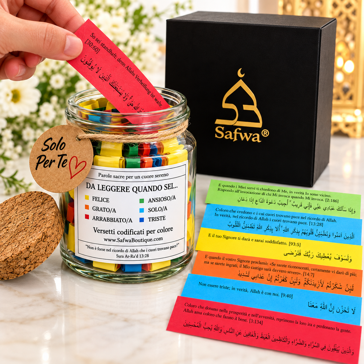 Safwa® Koran-Glas Italienische Ausgabe – Koranverse auf Arabisch & Italienisch – 6 Emotionen – Islamische Geschenkbox