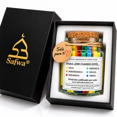 Safwa® Koran-Glas Spanische Ausgabe – Koranverse auf Arabisch & Spanisch – 6 Emotionen – Islamische Geschenkbox