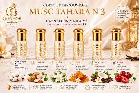 Musc Tahara Entdeckungsset Nr. 3 – 6 Düfte × 3 ml – Ohne Alkohol – Hergestellt in Frankreich – OudHob | عود الحب