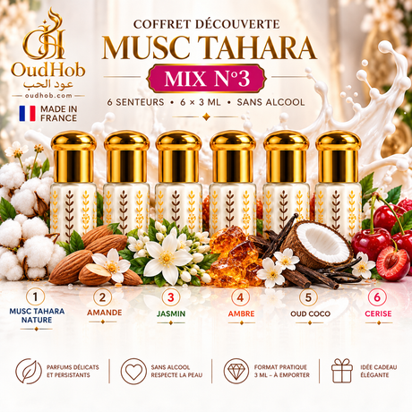 Musc Tahara Entdeckungsset Nr. 3 – 6 Düfte × 3 ml – Ohne Alkohol – Hergestellt in Frankreich – OudHob | عود الحب