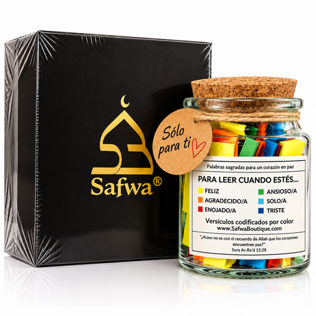 Safwa® Koran-Glas Spanische Ausgabe – Koranverse auf Arabisch & Spanisch – 6 Emotionen – Islamische Geschenkbox