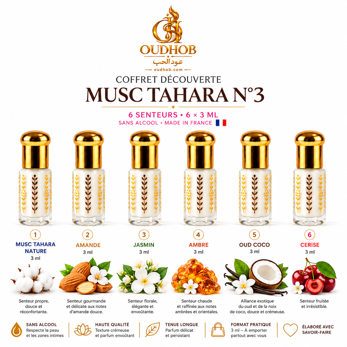 Coffret Découverte Musc Tahara N°3 – 6 Senteurs × 3 ml Sans Alcool - Fabriqué en France – OudHob | عود الحب