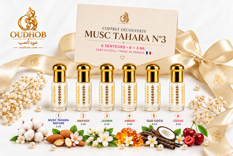 Musc Tahara Entdeckungsset Nr. 3 – 6 Düfte × 3 ml – Ohne Alkohol – Hergestellt in Frankreich – OudHob | عود الحب