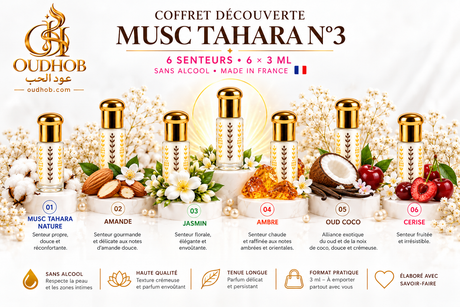 Musc Tahara Entdeckungsset Nr. 3 – 6 Düfte × 3 ml – Ohne Alkohol – Hergestellt in Frankreich – OudHob | عود الحب