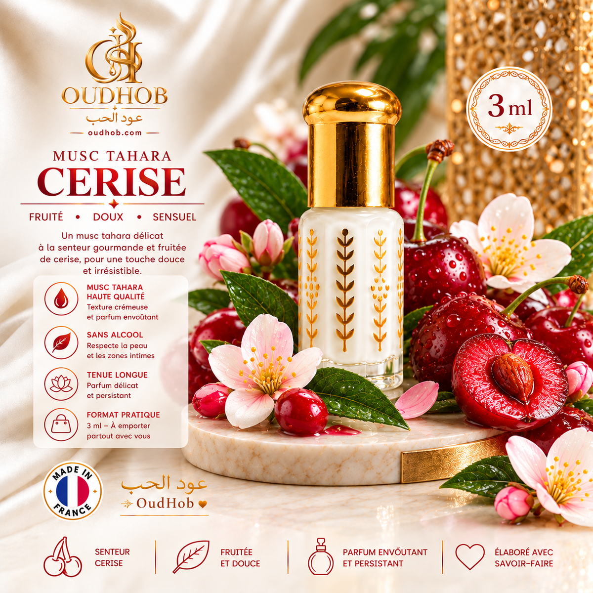 Musc Tahara Kirsebær – Intimmusk Uden Alkohol 3 ml – Fremstillet i Frankrig – OudHob | عود الحب