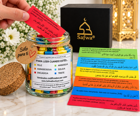 Safwa® Koran-Glas Spanische Ausgabe – Koranverse auf Arabisch & Spanisch – 6 Emotionen – Islamische Geschenkbox